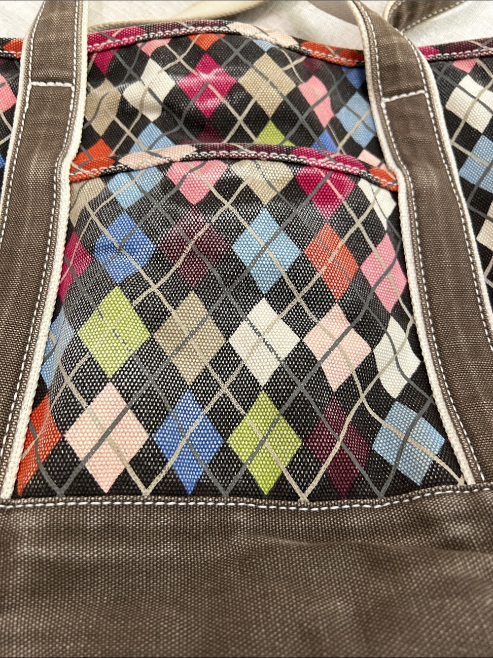 Lands End Argyle Canvas Tote Bag Medium Brown Preppy Beach Boat Travel Bag - Picture 13 of 15